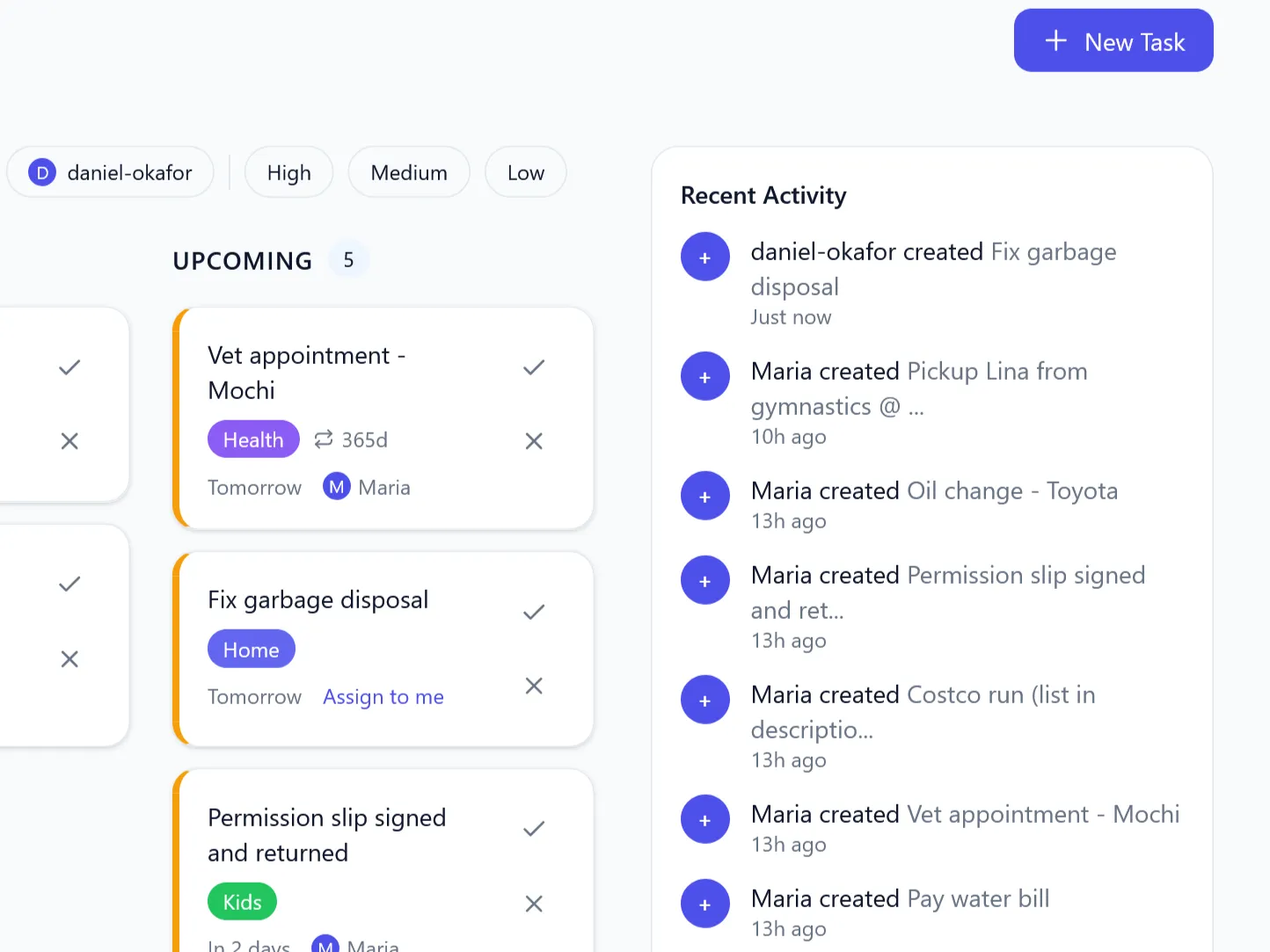 Knit activity feed showing task completions and acknowledged messages over time
