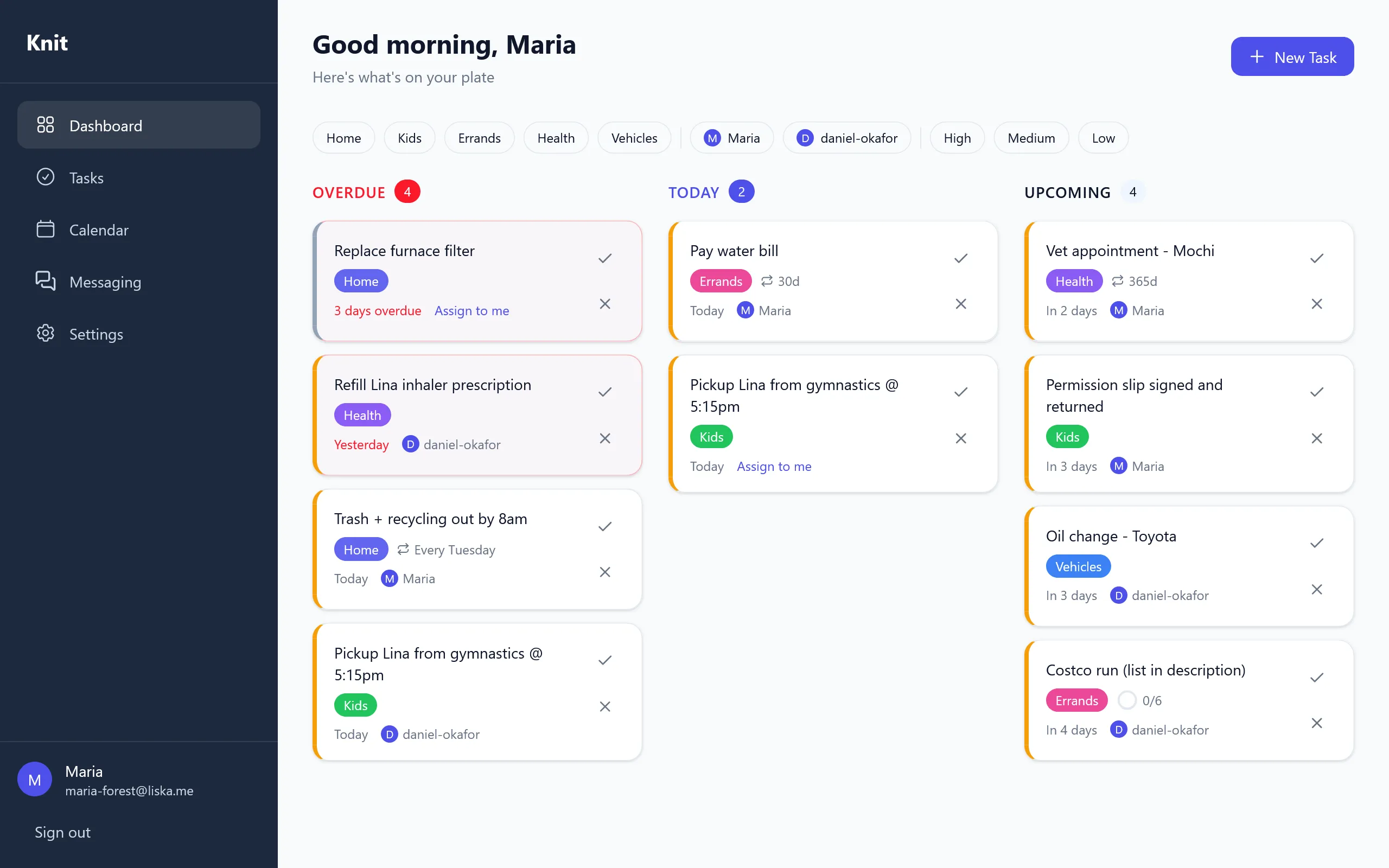 Knit dashboard showing today's tasks and pending acknowledgments