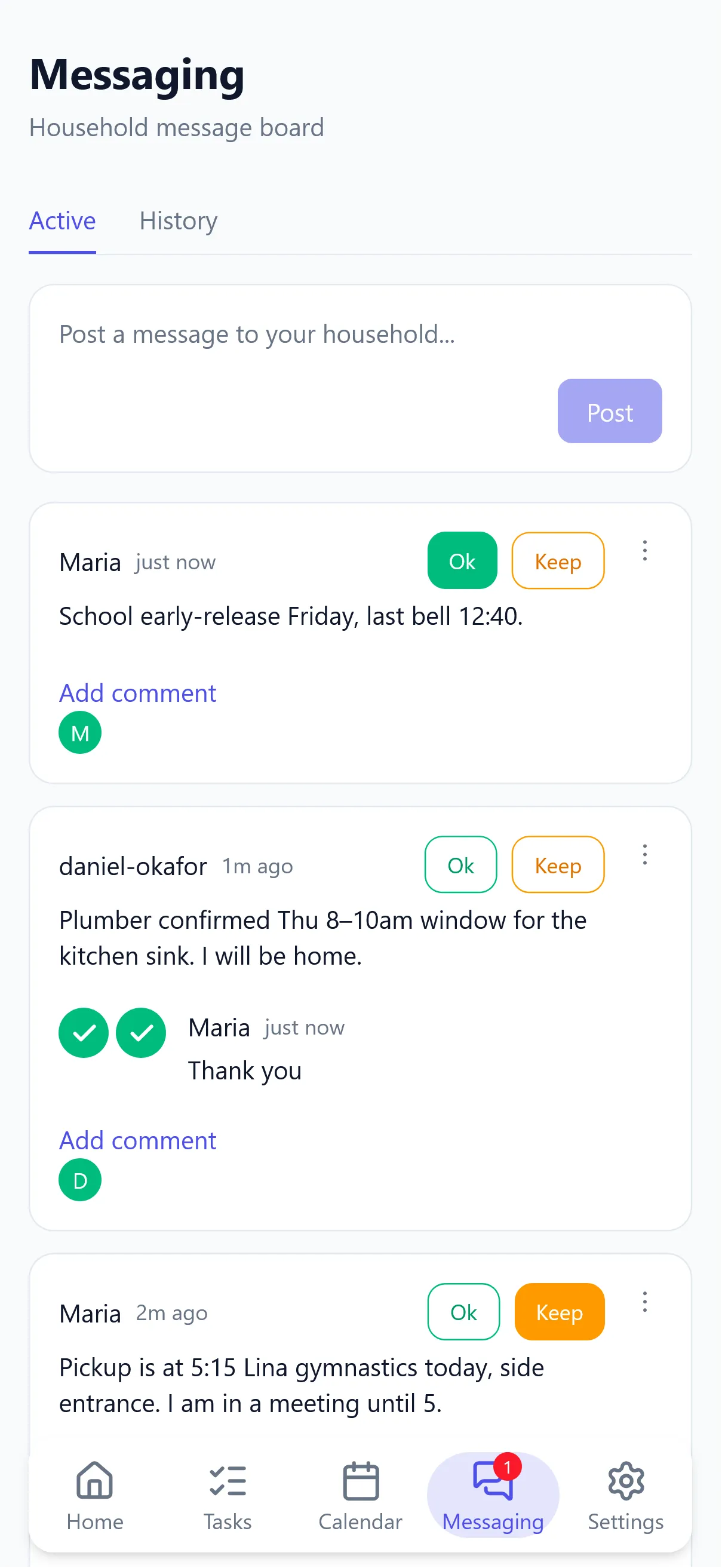 Knit messaging thread with per-message acknowledgment status visible