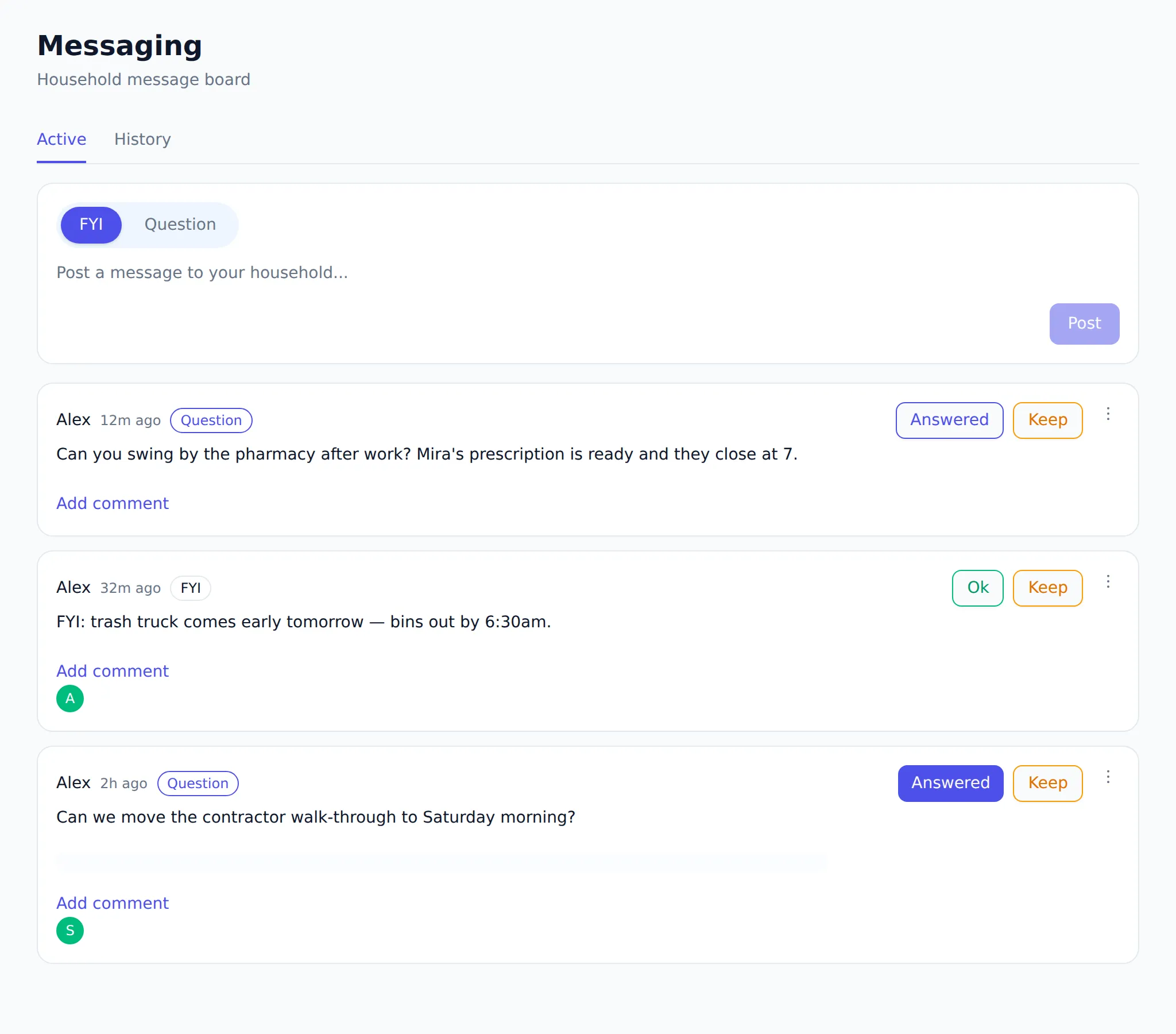 Knit messaging board showing a Question from Alex with an Answered button for the recipient, alongside an FYI broadcast and a previously answered Question