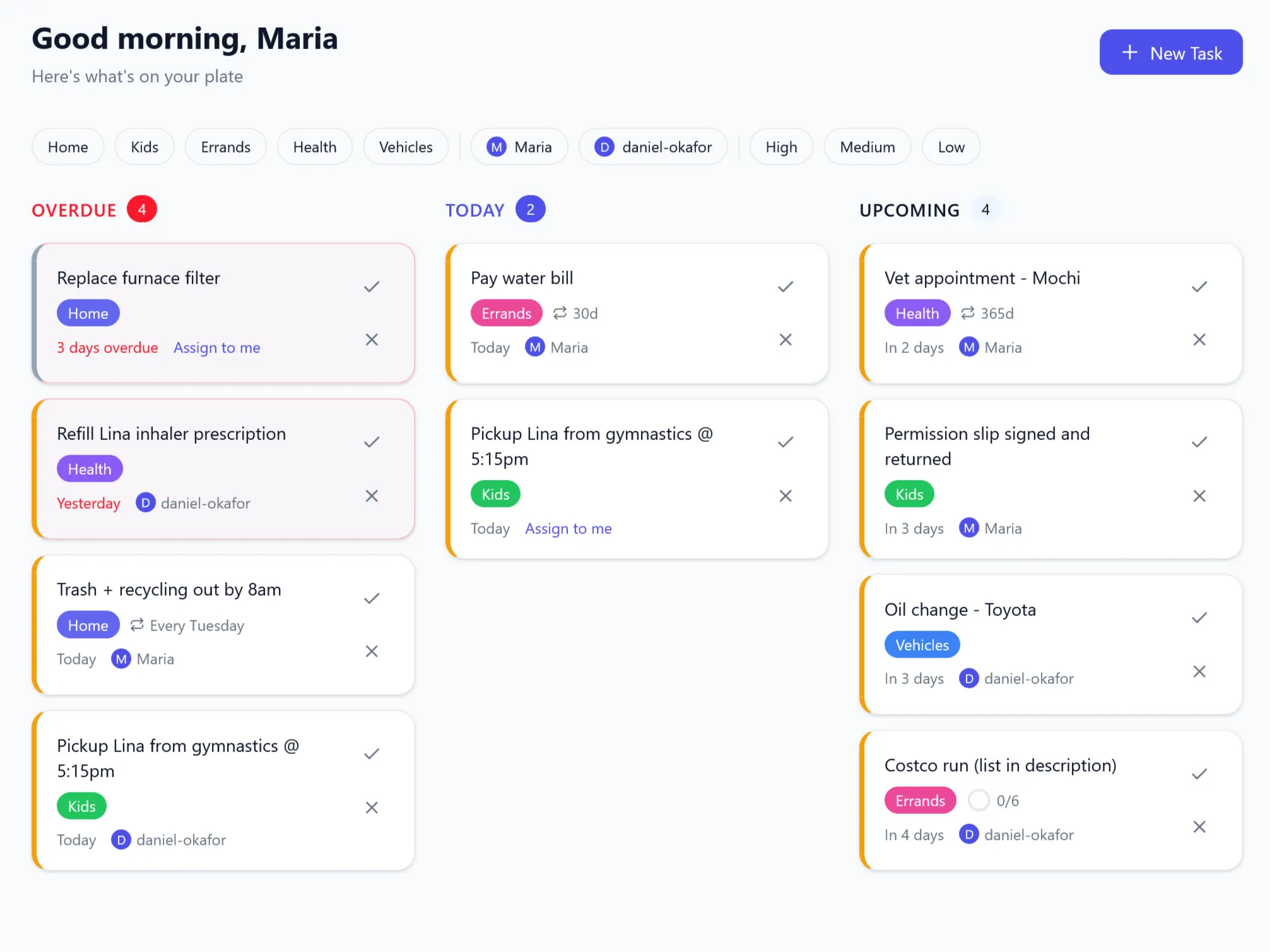 Knit task board showing recurring chores and one-off jobs across a shared household list